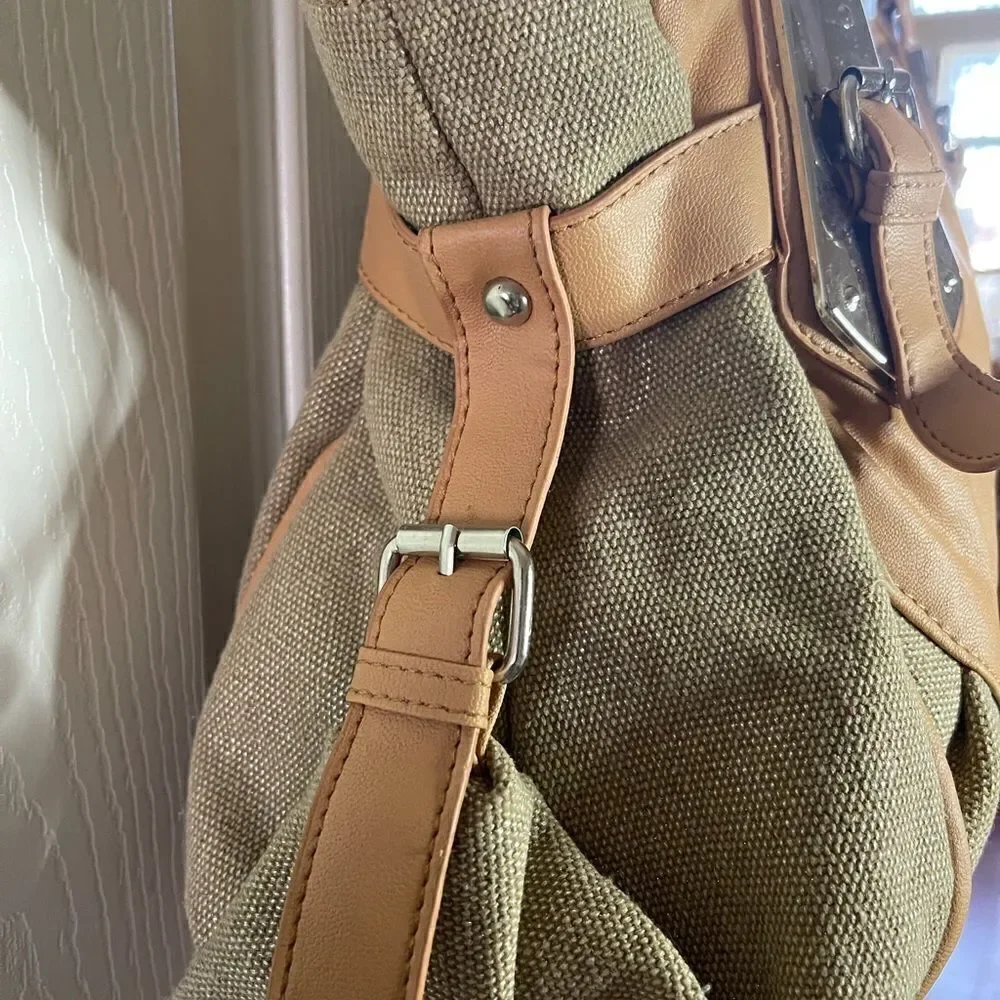 Cato canvas khaki & tan faux leather satchel  with silver tone hardwares .